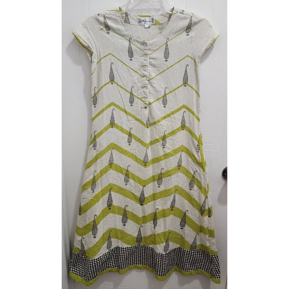 Westside Women's Short Sleeve Quarter Button Kurta Dress Linen Beige/Green Sz S‎
